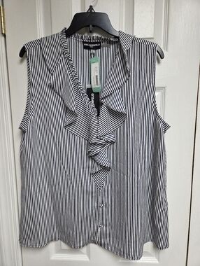 Karl Lagerfeld Black & White Ruffle Front Sleeveless Striped Blouse